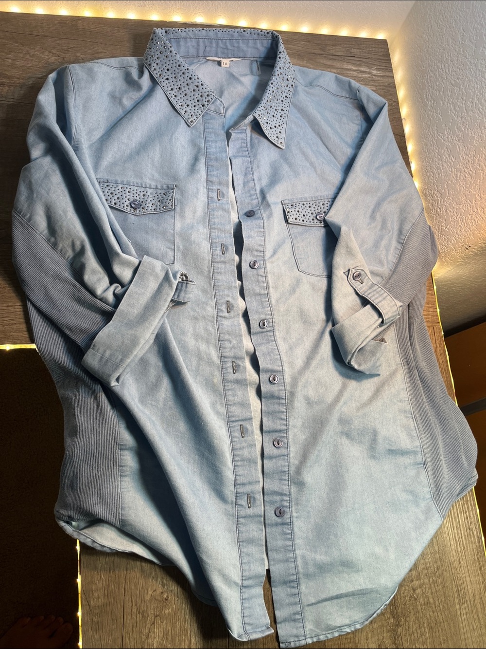 Ci Sono Light Blue Stud-Trim Casual Button-Down Shirt